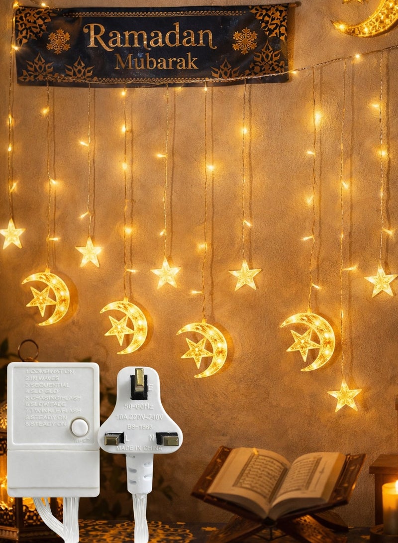 F.A.M.S Ramadan Curtain LED Lights – Moon & Star Warm White Fairy Lights with 8 Lighting Modes, UK Plug, Decorative Wall Hanging Lights for Home, Eid & Ramadan Decor - Image 1